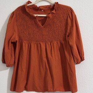 Women's BOHO Split neck Orange Smocked Top Short waisted